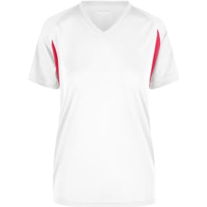 A women's T-shirt in white with red accents and a V-neck design. It features short sleeves and a logo.