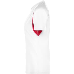 A ladies' T-shirt in white with a red accent, featuring a logo. Short-sleeved and designed for active wear.