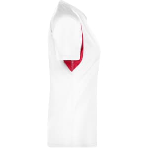 A women's T-shirt in white with a red inner lining, featuring short sleeves and a logo.