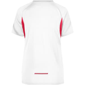A T-shirt in white with red accents, featuring a sporty design and a logo on the front.