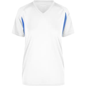 A white ladies T-shirt with blue accents and a V-neck design. It features a logo on the side.