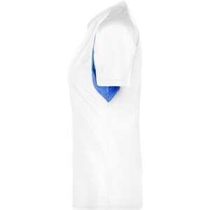 A ladies' T-shirt in white with blue accents, featuring a logo on the front.