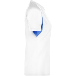 A T-shirt in white with blue accents, featuring short sleeves and a logo on the side.