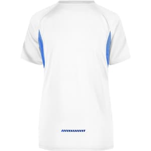 A T-shirt with short sleeves, featuring a white body and blue accents on the sides. It has a logo on the back.