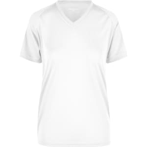A Ladies T-shirt in white with a V-neck design and short sleeves. It features a logo.