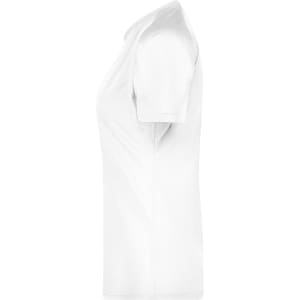 A T-shirt in solid white, featuring short sleeves and a tailored fit. It includes a branding logo.