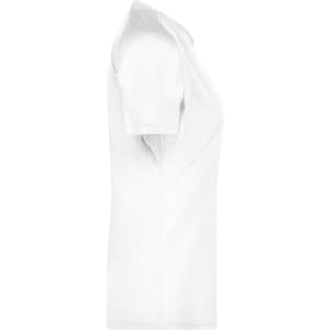 A white T-shirt displayed from the side, featuring short sleeves and a casual design. It has a logo.
