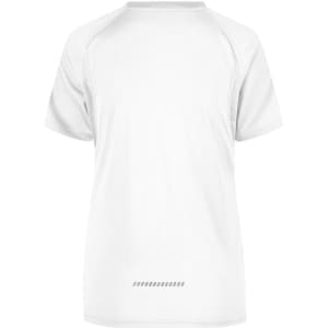 A white short-sleeve T-shirt featuring a subtle design on the back and a logo on the front.
