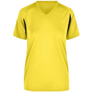 A T-shirt in fluoro yellow with black accents, featuring a V-neck and short sleeves. It has a logo displayed.