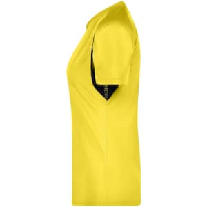 A T-shirt in fluorescent yellow and black, featuring a fitted design and short sleeves. It includes a logo.