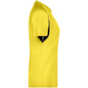 A side view of a ladies' T-shirt in fluorescent yellow with black detailing and a visible logo.