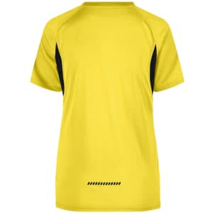 A plain fluoro yellow t-shirt with black accents on the sides, featuring a logo on the back.