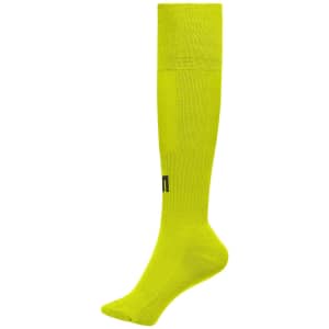 A pair of bright yellow knee-high sports socks featuring a logo. Ideal for team uniforms.