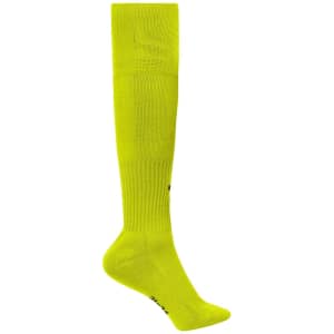 A pair of knee-high sports socks in bright yellow with a brand logo on the side.