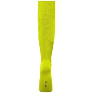 Bright yellow sports socks with a ribbed design and a logo near the ankle.