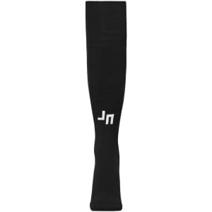 A pair of long black sports socks with a logo on one side. Ideal for team uniforms or athletic wear.
