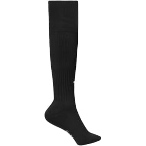 Black knee-high sports socks with a ribbed design, featuring a logo. Ideal for team uniforms or sports activities.