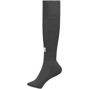 A pair of grey sports socks, knee-high with a logo on the side, suitable for team uniforms.