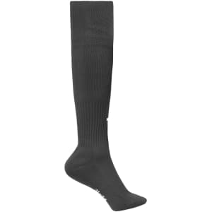 A pair of dark grey knee-high sports socks with a ribbed design and a logo.