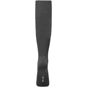 A pair of grey sports socks with a logo, featuring a knee-high design and ribbed texture.