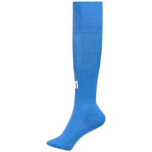 Bright blue knee-high socks featuring a logo, designed for sports uniforms.