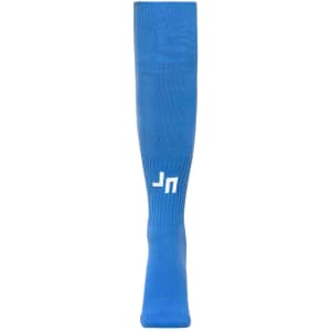 A pair of blue sports socks with a logo on one side, featuring a knee-high design.