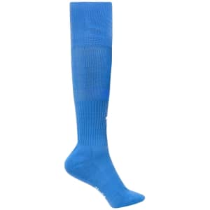 A pair of knee-high sports socks in a vibrant blue colour, featuring a logo.