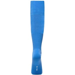 A blue sports sock with a ribbed design and a logo on the side.