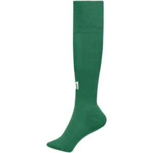 A green sports sock with a knee-high design and a logo on the side.