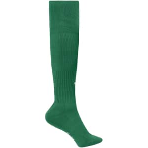 A pair of green knee-high sports socks with a ribbed design and a logo near the ankle.