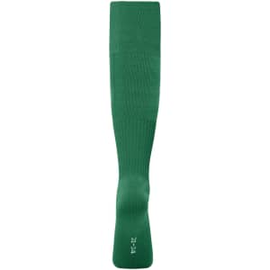A pair of long green sports socks with a ribbed texture and a logo on one side.