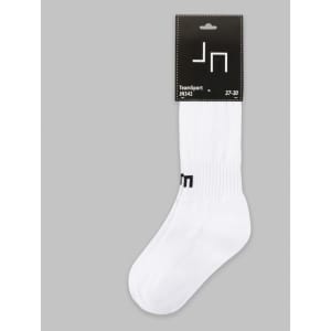 A pair of white sports socks with a branding tag attached at the top.