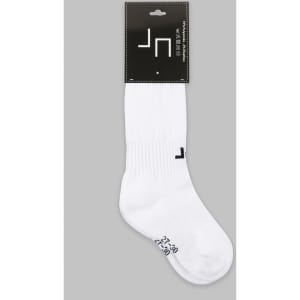 White sports socks packaged on a card, featuring elastic cuffs and a logo.
