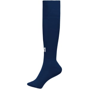 A pair of navy blue knee-high sports socks with a logo on one side.