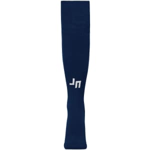 A pair of navy blue sports socks featuring a logo on one side.