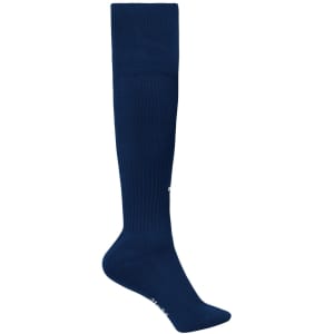 Knee-high sports socks in dark navy blue with a logo on the side. Ideal for team uniforms and sporting activities.