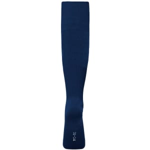 A pair of navy sports socks with a branded logo, featuring a ribbed design and a knee-high style.
