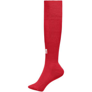 Red sports socks with a knee-high design and a logo. Ideal for sports uniforms.