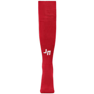 A pair of red sports socks featuring a logo.