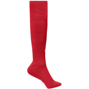 Red sports socks designed for team uniforms, featuring a knee-high length and a textured pattern.