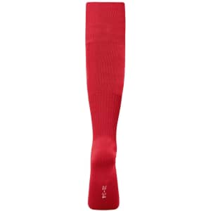 Red sports socks with a ribbed design, featuring a logo. Ideal for team uniforms or sporting activities.