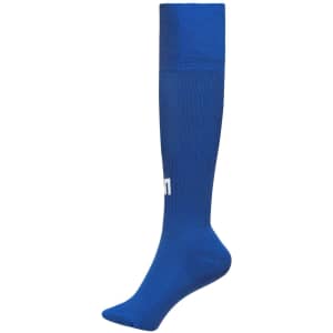 A pair of knee-high socks in vibrant blue with a logo on the side.