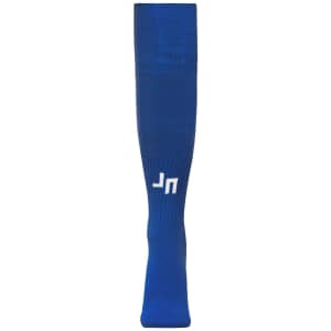 A blue sports sock with a fitted design and a logo near the top.