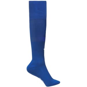 Knee-high sports socks in vibrant blue with ribbed texture and a logo.
