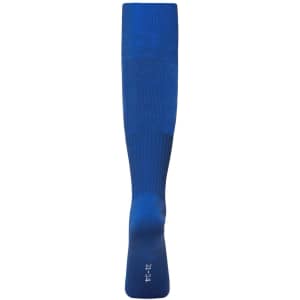 A single blue sports sock with a ribbed design and a logo at the ankle.