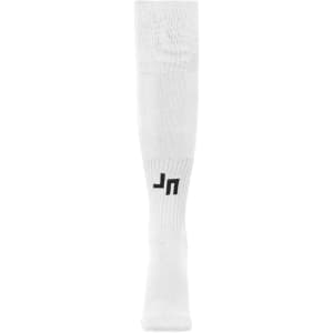 White sports socks featuring a logo. The socks are knee-high and designed for team uniforms.