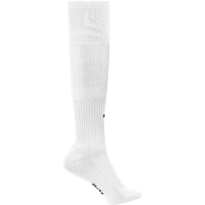 A pair of white sports socks featuring a logo and ribbed design, suitable for sports uniforms.