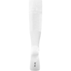 A pair of white sports socks with ribbed detailing and a logo at the sole.