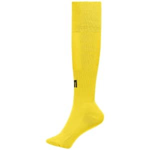 A pair of bright yellow knee-length sports socks with a logo.