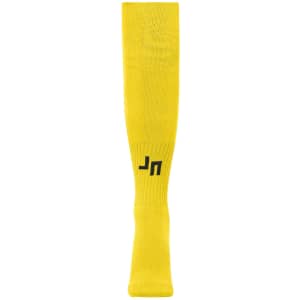 Bright yellow sports socks with a logo, designed for team uniforms. Ideal for various sports activities.